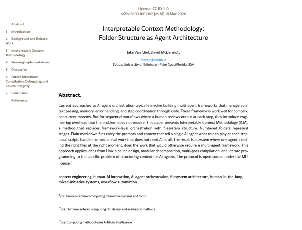 Title page of the research paper Interpretable Context Methodology: Folder Structure as Agent Architecture by Jake Van Clief and David McDermott (arXiv, March 2026)