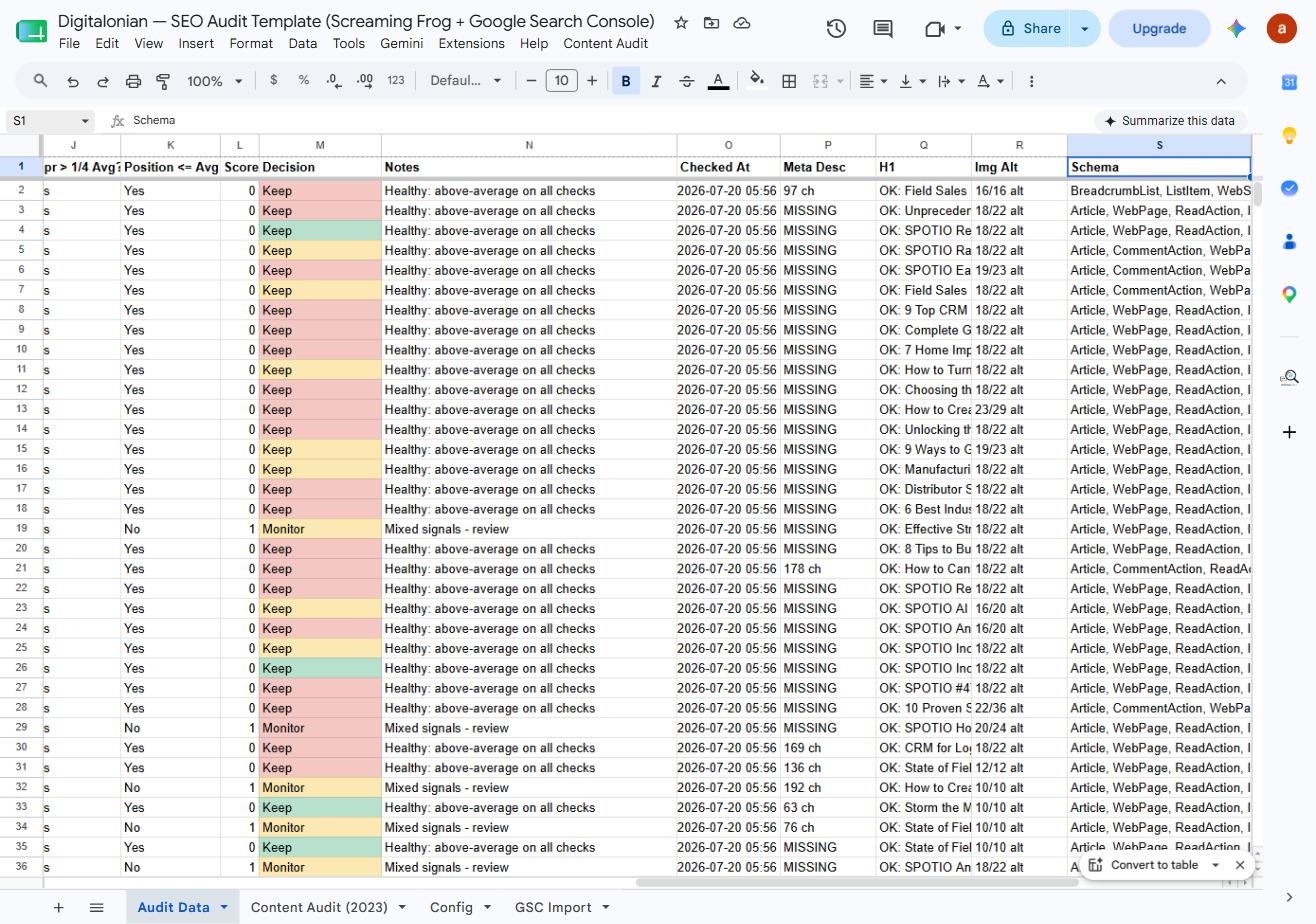 Audit sheet decision column with notes and on-page flags for meta description, H1, image alt and schema