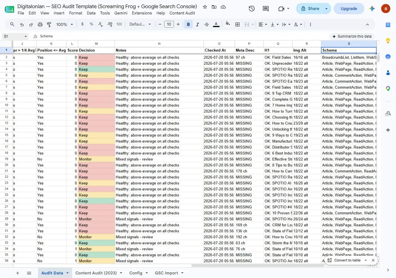 Audit sheet decision column with notes and on-page flags for meta description, H1, image alt and schema