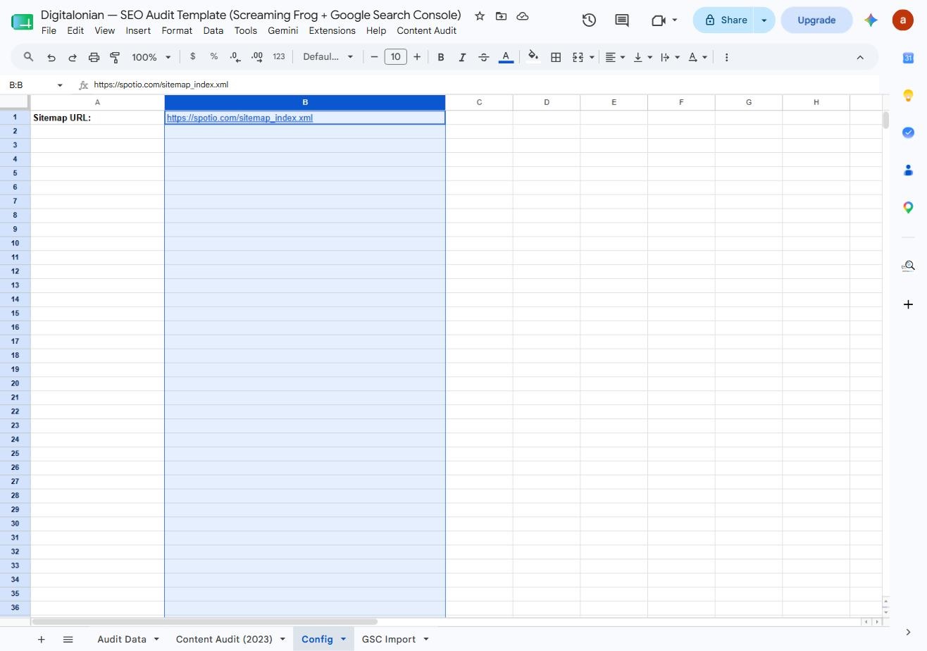 Automate technical SEO audits with AI: the tool Config tab with spotio.com sitemap URL as the only setup input
