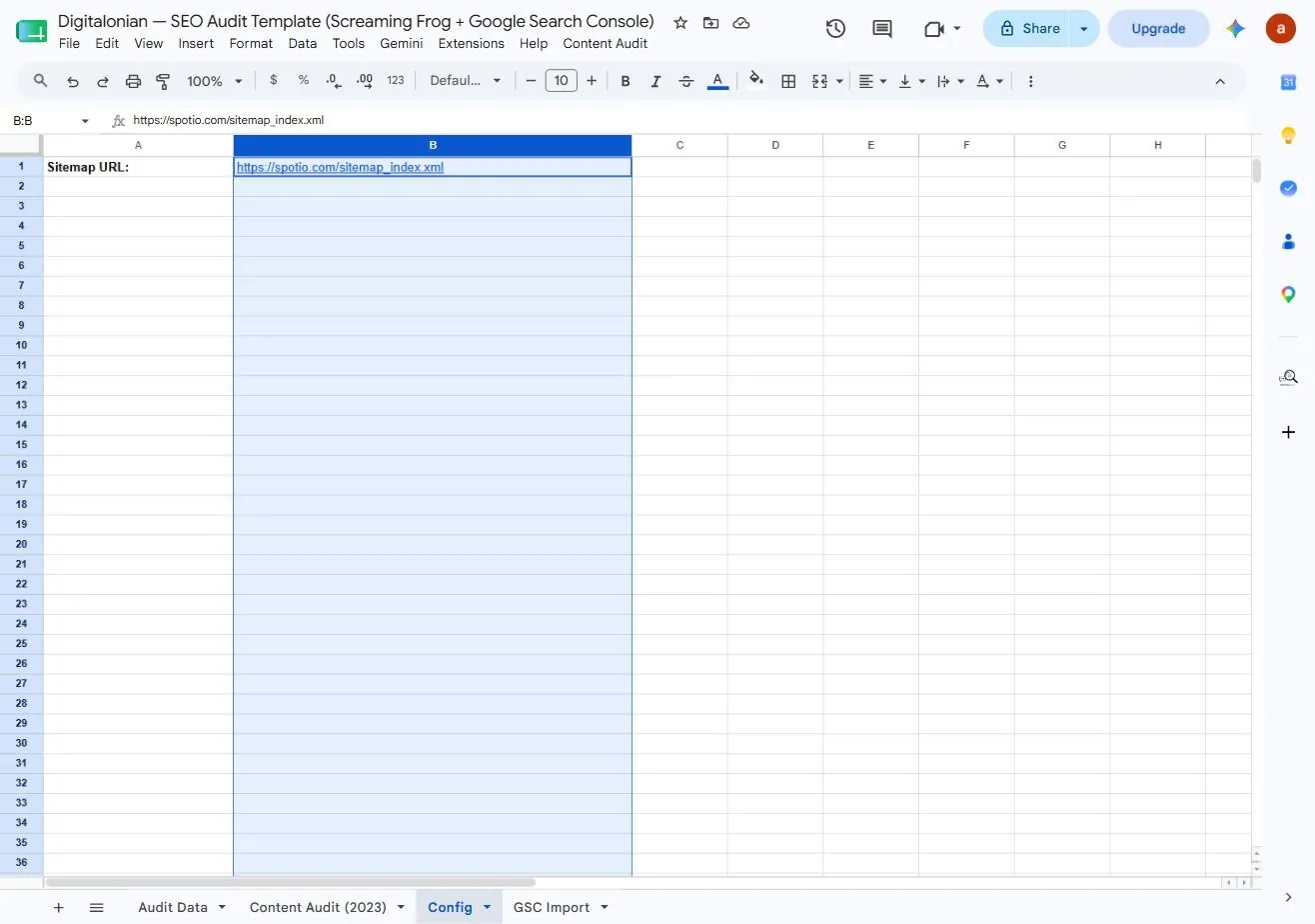 Automate technical SEO audits with AI: the tool Config tab with spotio.com sitemap URL as the only setup input