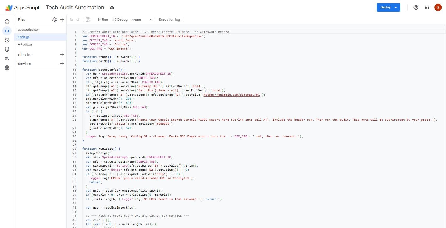 Google Apps Script code editor showing the Tech Audit Automation script that crawls URLs and merges Search Console data