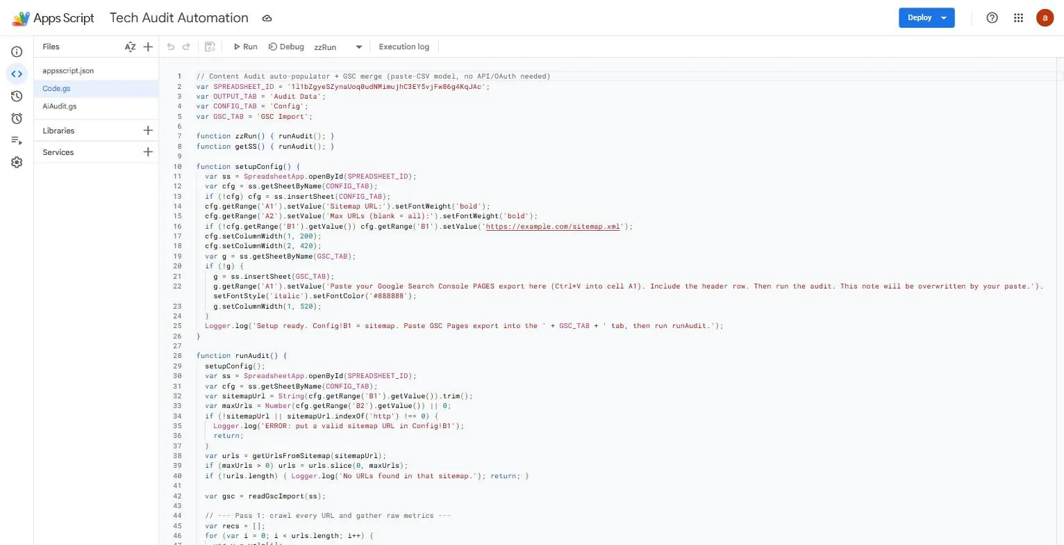Google Apps Script code editor showing the Tech Audit Automation script that crawls URLs and merges Search Console data