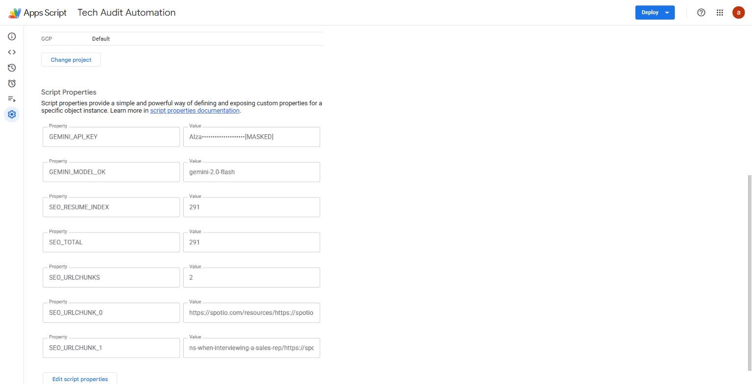 Apps Script properties showing GEMINI_MODEL_OK set to gemini-2.0-flash and the API key masked