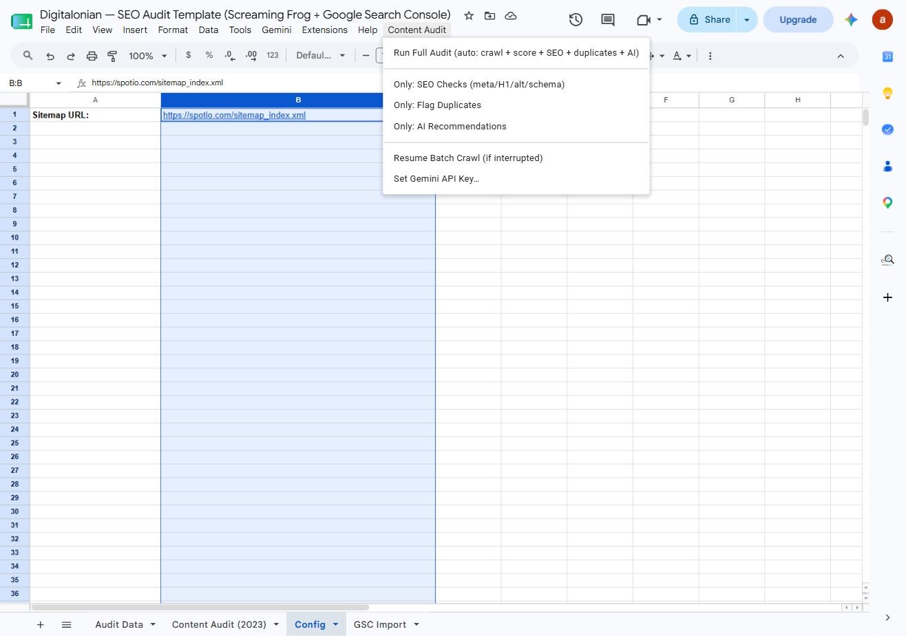 Custom Content Audit menu in Google Sheets with Run Full Audit and other one-click audit options