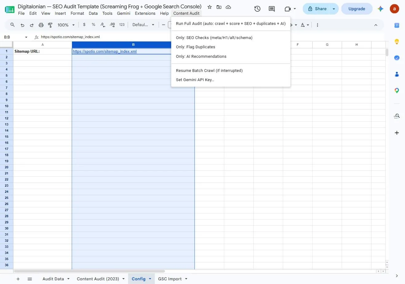 Custom Content Audit menu in Google Sheets with Run Full Audit and other one-click audit options