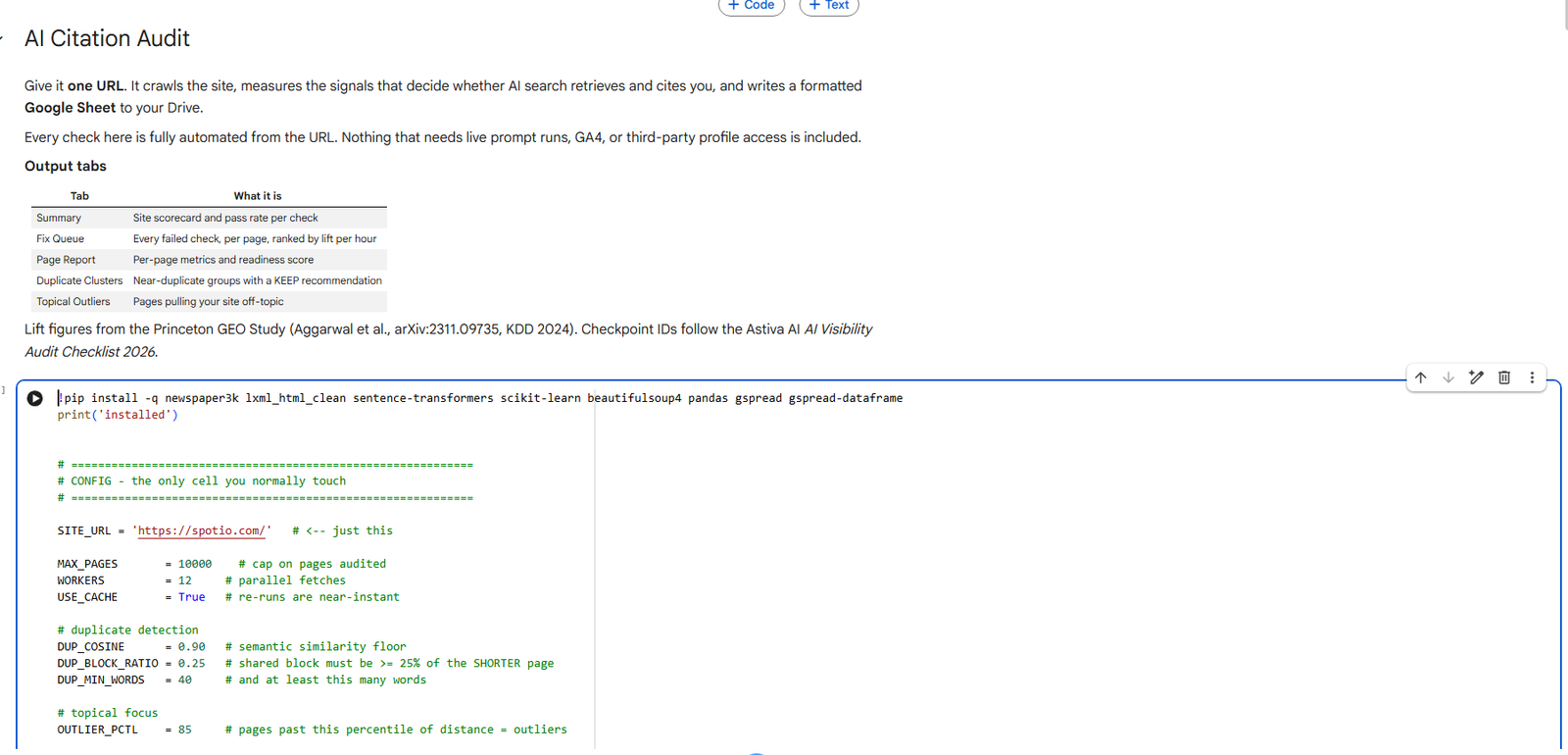 The AI Citation Audit notebook in Google Colab, showing the intro and the CONFIG cell with SITE_URL