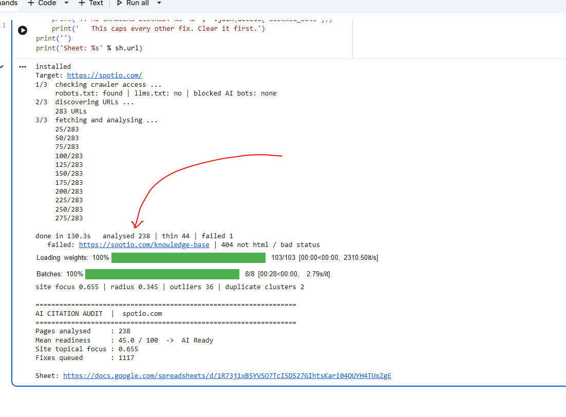 Colab output after Run all, showing the install confirmation and the target site